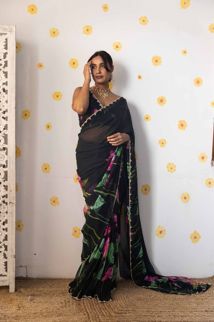 Super Hit Soft Tabi Organza Saree – Celebrity Style Handwork with Cut Dana & Moti Border