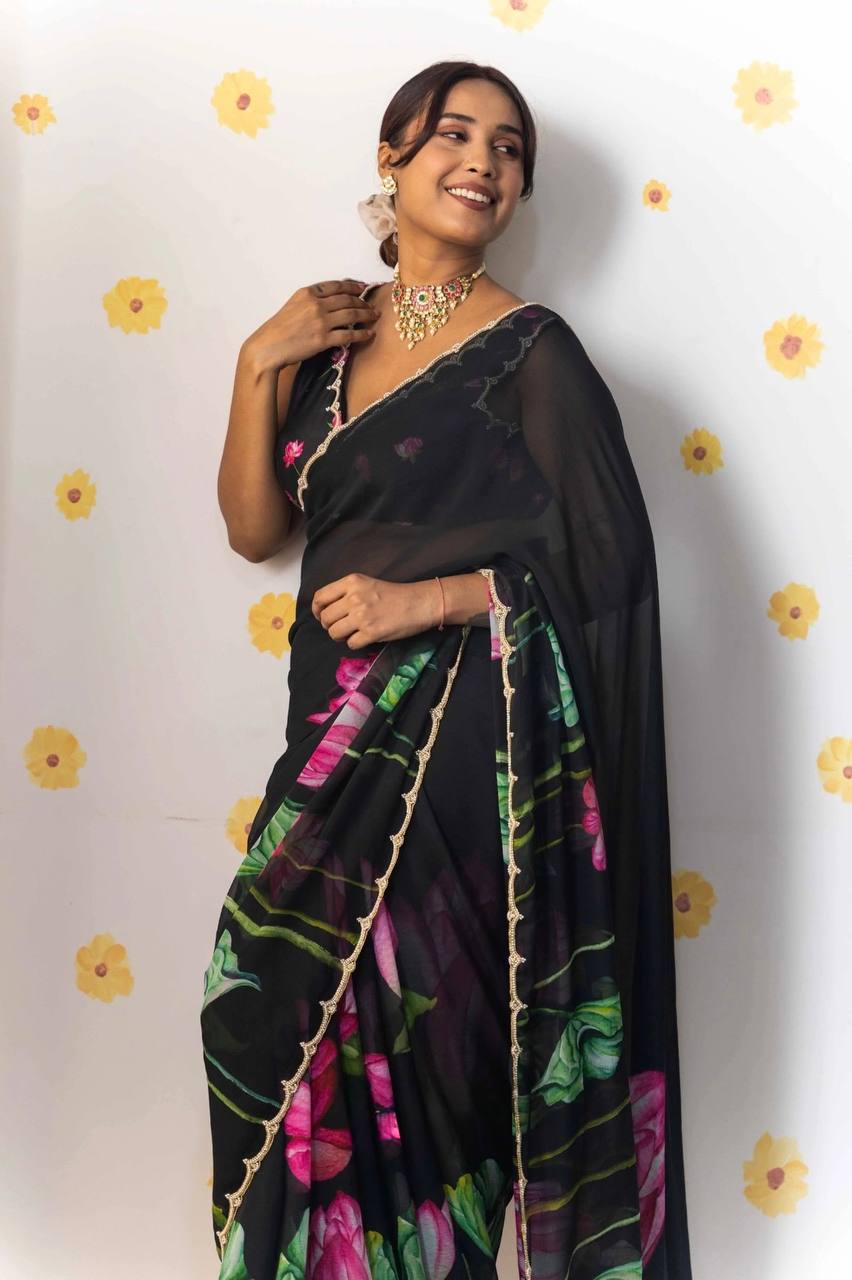 Super Hit Soft Tabi Organza Saree – Celebrity Style Handwork with Cut Dana & Moti Border