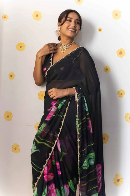 Super Hit Soft Tabi Organza Saree – Celebrity Style Handwork with Cut Dana & Moti Border