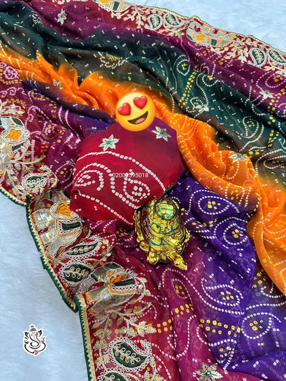 Karwachauth Special Heavy Georgette Bandhej Saree with Gotta Patti & Thread Work