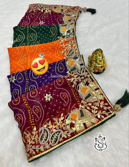 Karwachauth Special Heavy Georgette Bandhej Saree with Gotta Patti & Thread Work