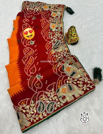 Karwachauth Special Heavy Georgette Bandhej Saree with Gotta Patti & Thread Work