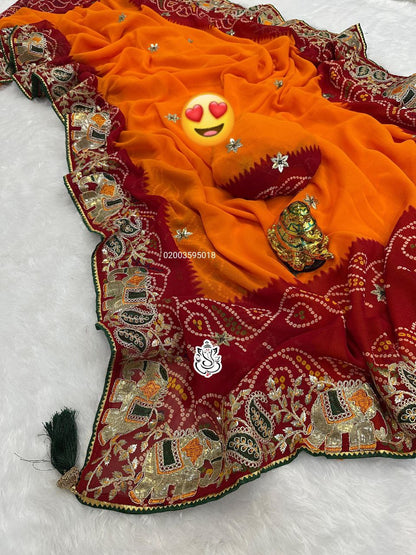Karwachauth Special Heavy Georgette Bandhej Saree with Gotta Patti & Thread Work