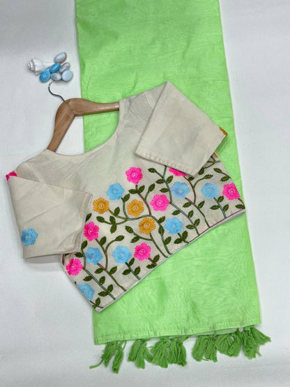 Handloom Chanderi Cotton Saree with Heavy Kora Embroidered Blouse