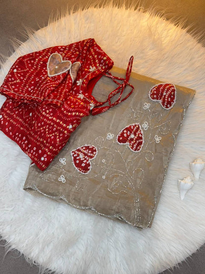 Super Hit Bandhej Handwork Saree – Gold Crush Two Tone Fabric with Cut Dana Work