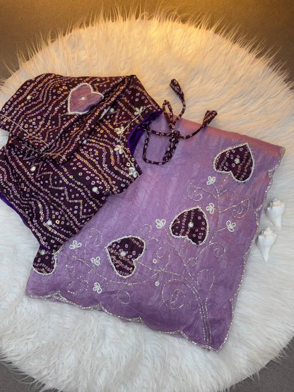 Super Hit Bandhej Handwork Saree – Gold Crush Two Tone Fabric with Cut Dana Work