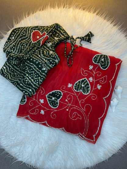 Super Hit Bandhej Handwork Saree – Gold Crush Two Tone Fabric with Cut Dana Work