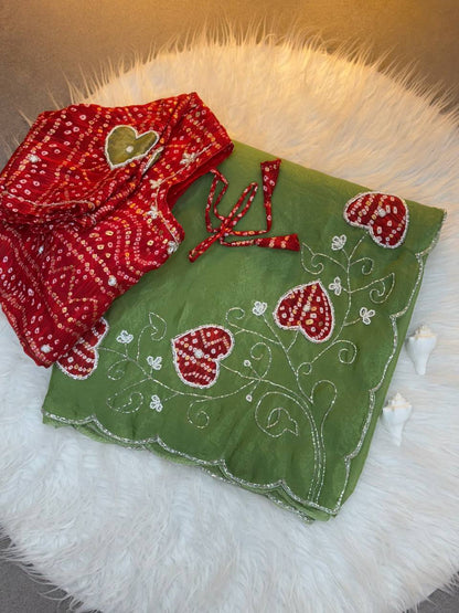 Super Hit Bandhej Handwork Saree – Gold Crush Two Tone Fabric with Cut Dana Work