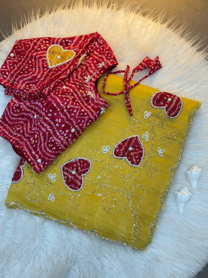 Super Hit Bandhej Handwork Saree – Gold Crush Two Tone Fabric with Cut Dana Work