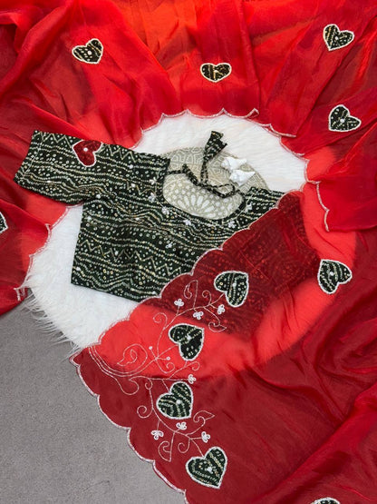 Super Hit Bandhej Handwork Saree – Gold Crush Two Tone Fabric with Cut Dana Work