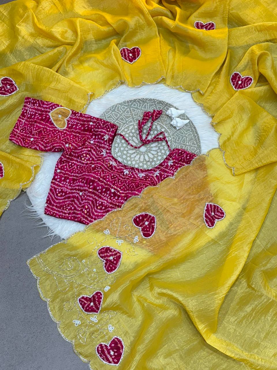 Super Hit Bandhej Handwork Saree – Gold Crush Two Tone Fabric with Cut Dana Work