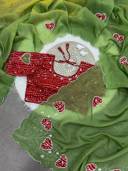 Super Hit Bandhej Handwork Saree – Gold Crush Two Tone Fabric with Cut Dana Work