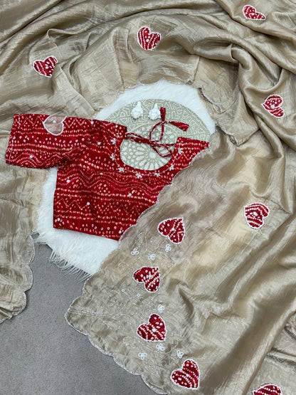 Super Hit Bandhej Handwork Saree – Gold Crush Two Tone Fabric with Cut Dana Work