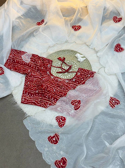 Super Hit Bandhej Handwork Saree – Gold Crush Two Tone Fabric with Cut Dana Work