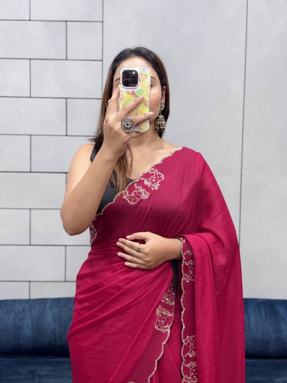 ROYAL LOVING  DOUBLE COW  DIAMOND  CUT WORK SAREE