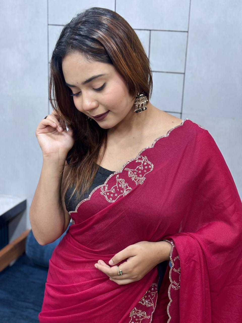 ROYAL LOVING  DOUBLE COW  DIAMOND  CUT WORK SAREE