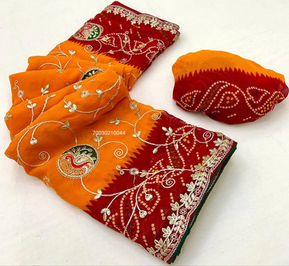 Jaipruri Bandhej CYC Georgette Saree with Gotta & Thread Work