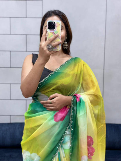 Celebrity Style Organza Saree | Handwork Cut Dana Party Wear
