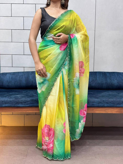 Celebrity Style Organza Saree | Handwork Cut Dana Party Wear