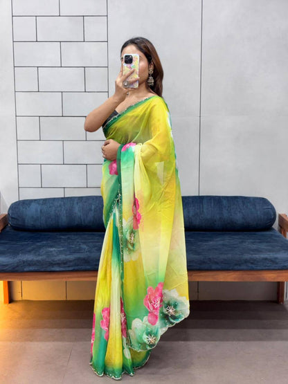 Celebrity Style Organza Saree | Handwork Cut Dana Party Wear