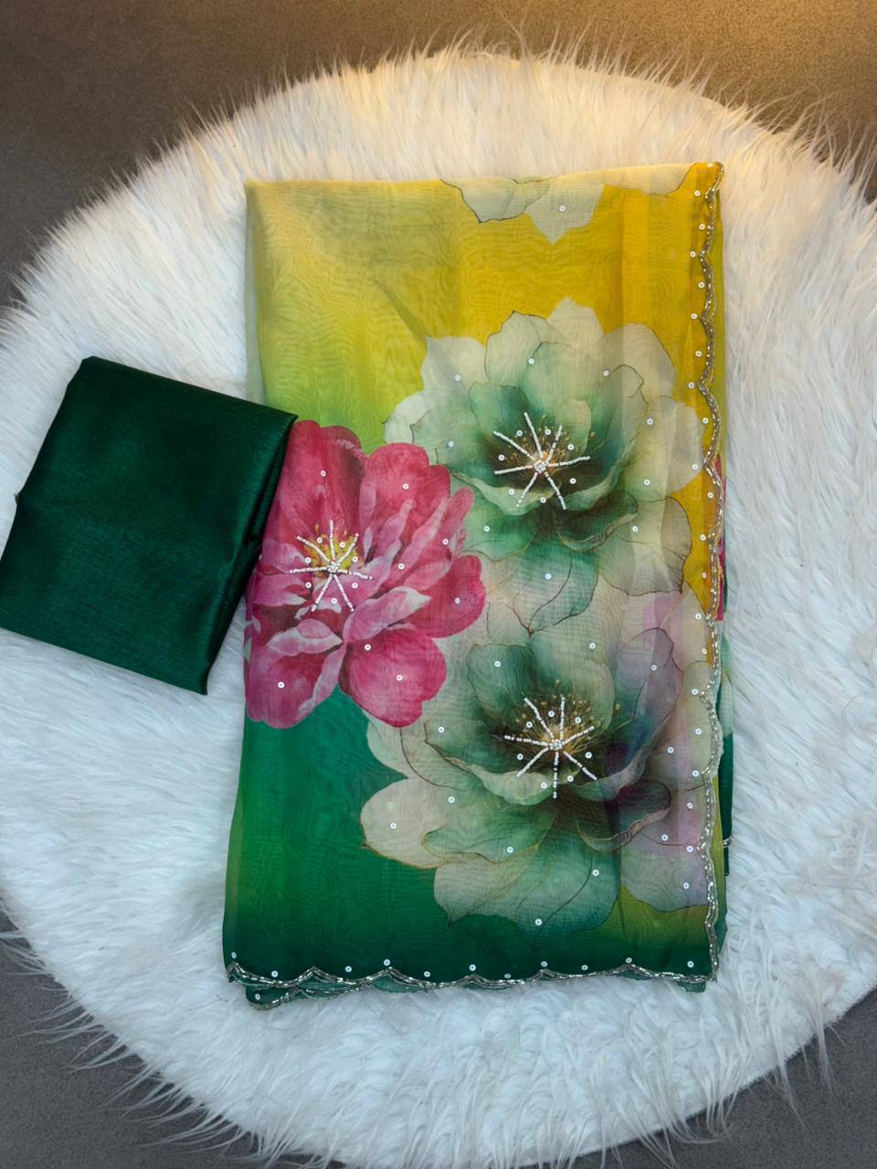 Celebrity Style Organza Saree | Handwork Cut Dana Party Wear