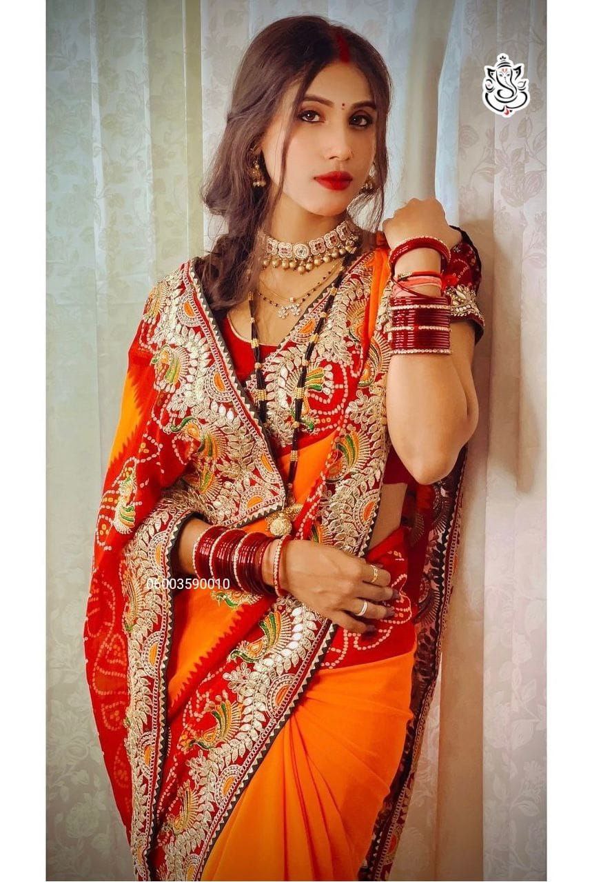 Bandhej Heavy Georgette Saree with Gotta Patti & Thread Work – Premium Designer C-Pallu Saree