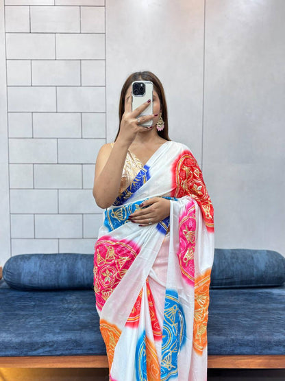 Special Bandhani Gota Patti Handwork Saree | Soft Silk Bandhej Print Saree with Contrast Blouse