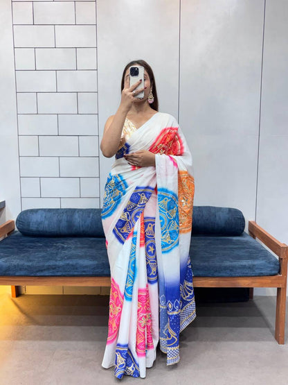 Special Bandhani Gota Patti Handwork Saree | Soft Silk Bandhej Print Saree with Contrast Blouse