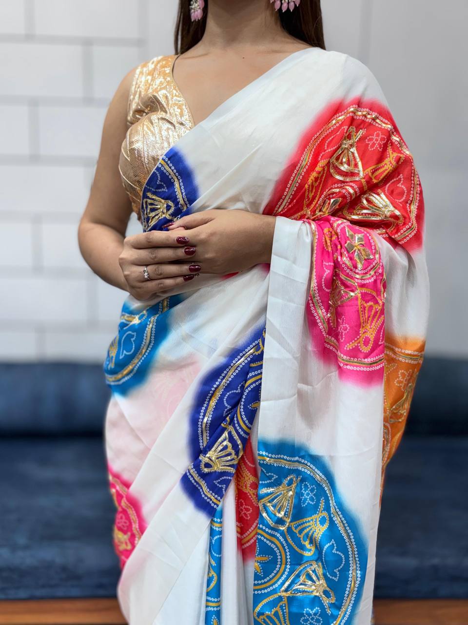 Special Bandhani Gota Patti Handwork Saree | Soft Silk Bandhej Print Saree with Contrast Blouse