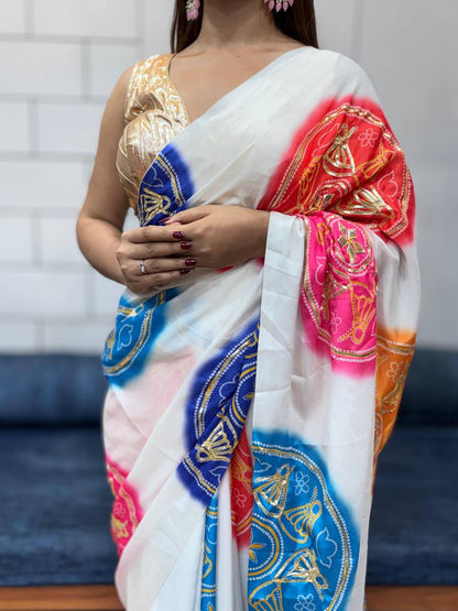 Special Bandhani Gota Patti Handwork Saree | Soft Silk Bandhej Print Saree with Contrast Blouse