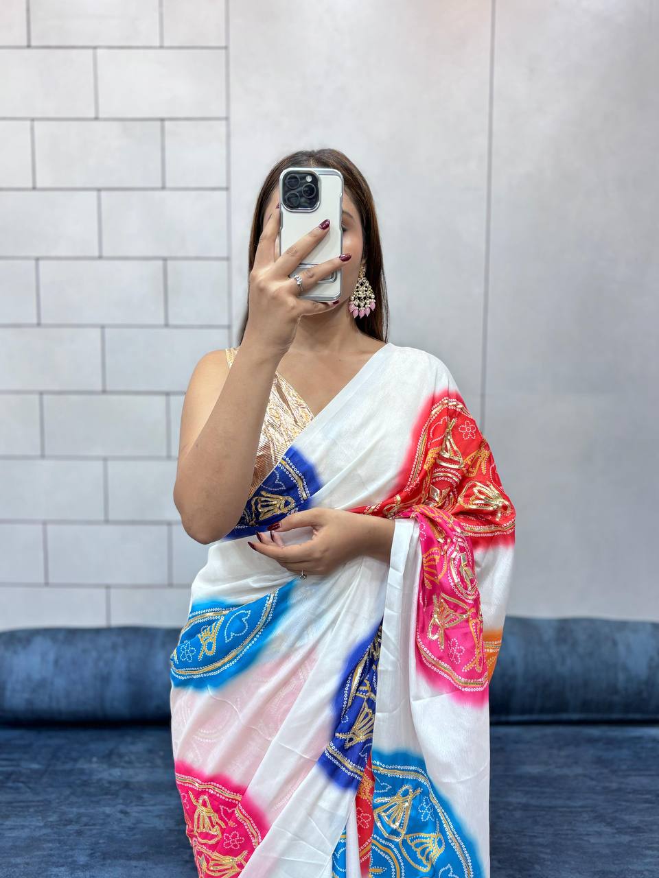 Special Bandhani Gota Patti Handwork Saree | Soft Silk Bandhej Print Saree with Contrast Blouse