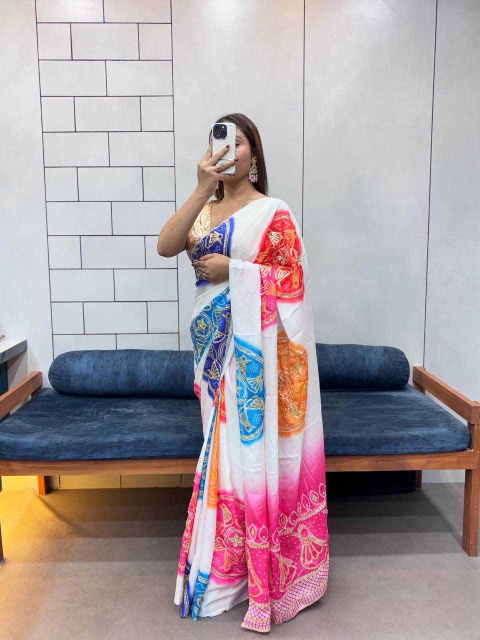 Special Bandhani Gota Patti Handwork Saree | Soft Silk Bandhej Print Saree with Contrast Blouse