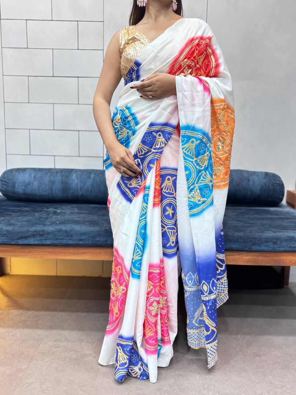 Special Bandhani Gota Patti Handwork Saree | Soft Silk Bandhej Print Saree with Contrast Blouse