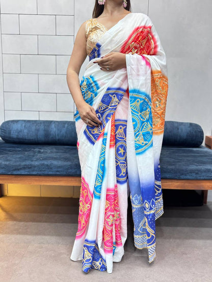 Special Bandhani Gota Patti Handwork Saree | Soft Silk Bandhej Print Saree with Contrast Blouse