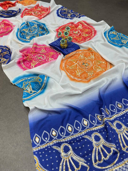 Special Bandhani Gota Patti Handwork Saree | Soft Silk Bandhej Print Saree with Contrast Blouse