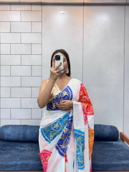 Special Bandhani Gota Patti Handwork Saree | Soft Silk Bandhej Print Saree with Contrast Blouse