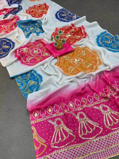 Special Bandhani Gota Patti Handwork Saree | Soft Silk Bandhej Print Saree with Contrast Blouse