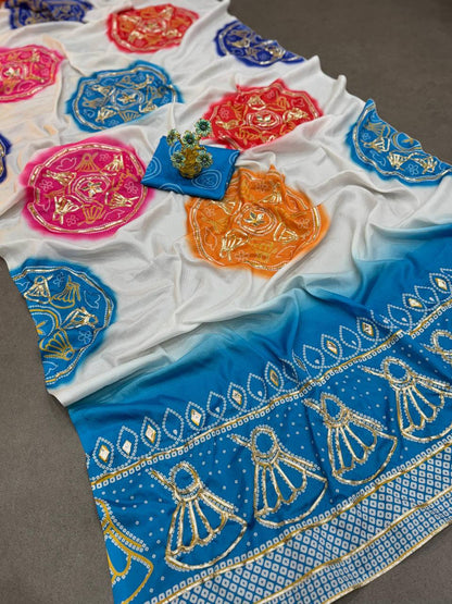 Special Bandhani Gota Patti Handwork Saree | Soft Silk Bandhej Print Saree with Contrast Blouse