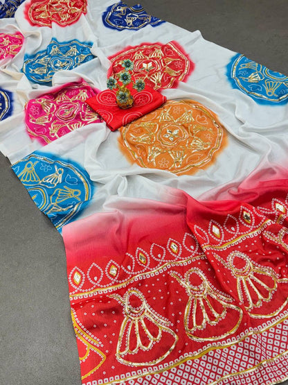 Special Bandhani Gota Patti Handwork Saree | Soft Silk Bandhej Print Saree with Contrast Blouse