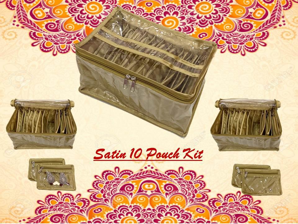 Satin 10 slots Jewellery Toiletries Pouch Kit – Beige (Code: T047)