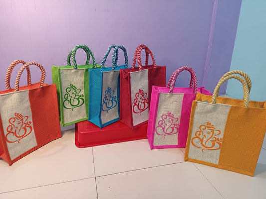 Jute Bags God Vinayagar Print for Return Gifts | Thamboolam Bags | Wedding Return Gifts I Multicolor ( 6 Pieces )