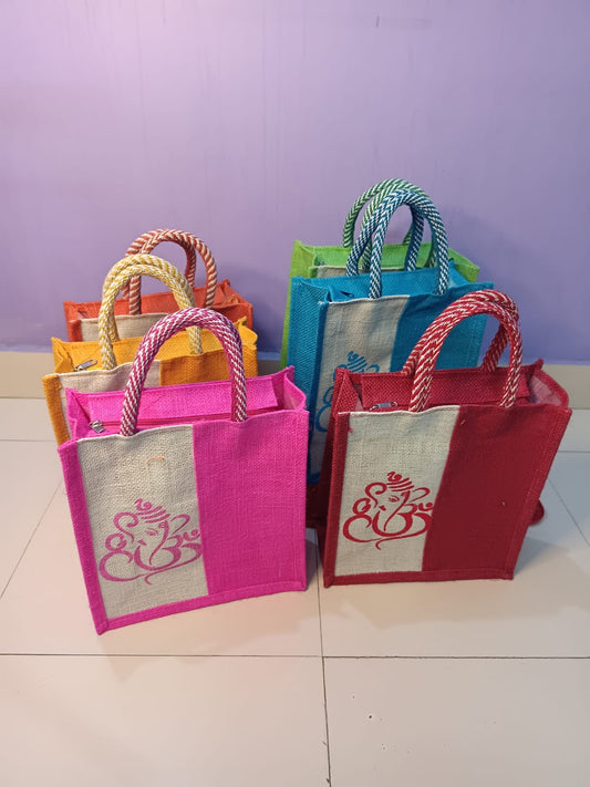 Jute Bags God Vinayagar Print for Return Gifts | Thamboolam Bags | Wedding Return Gifts I Multicolor ( 6 Pieces )