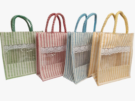 Stylish Jute Gift Bags with Transparent Panel and Lace Design ( 4 Pieces )