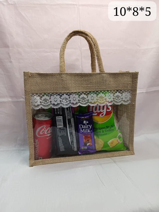 Elegant Jute Gift Hamper Bag – Transparent Front with Lace Design ( 6 Pieces )