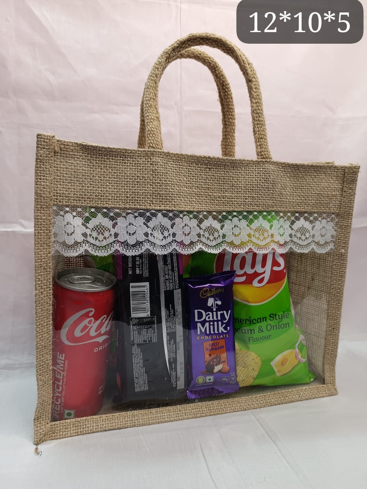 Elegant Jute Gift Hamper Bag – Transparent Front with Lace Design ( 6 Pieces )