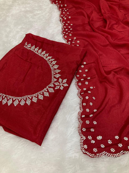 Pure Chinnon chiffon  with cutwork border with Real Jarkan Diamond