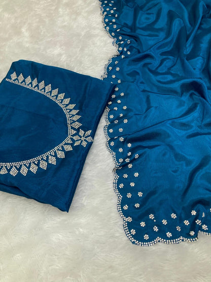 Pure Chinnon chiffon  with cutwork border with Real Jarkan Diamond