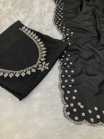Pure Chinnon chiffon  with cutwork border with Real Jarkan Diamond