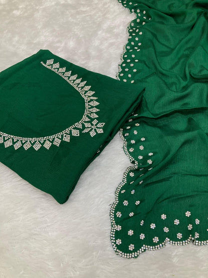 Pure Chinnon chiffon  with cutwork border with Real Jarkan Diamond