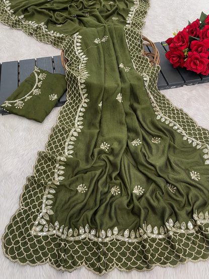 Pure BLOOMING soft VICHITRA SILK sarees with amazing 3mm sequence THREAD EMBROIEDRY work